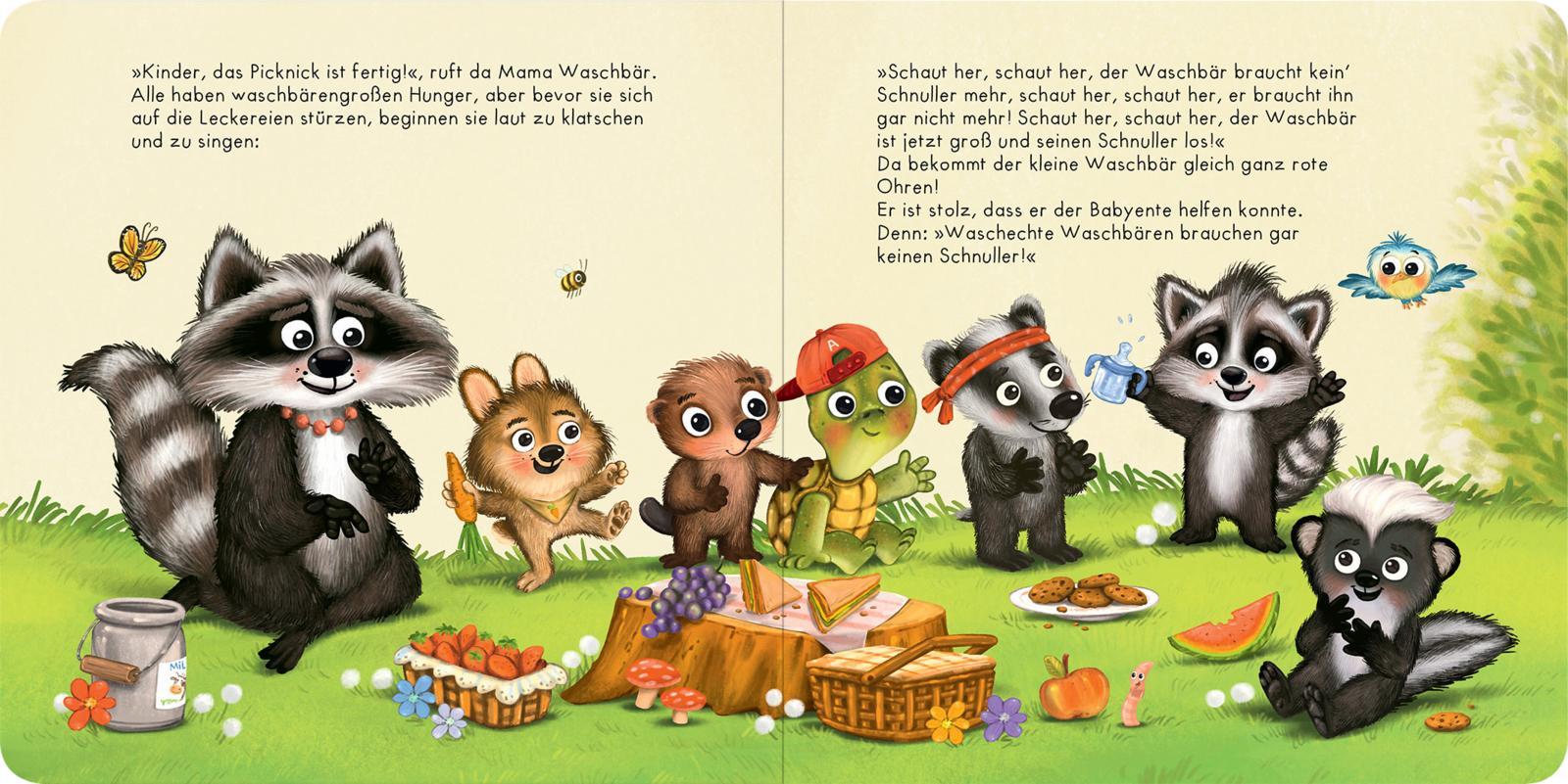 Der Baby Waschbär braucht keinen Schnuller mehr