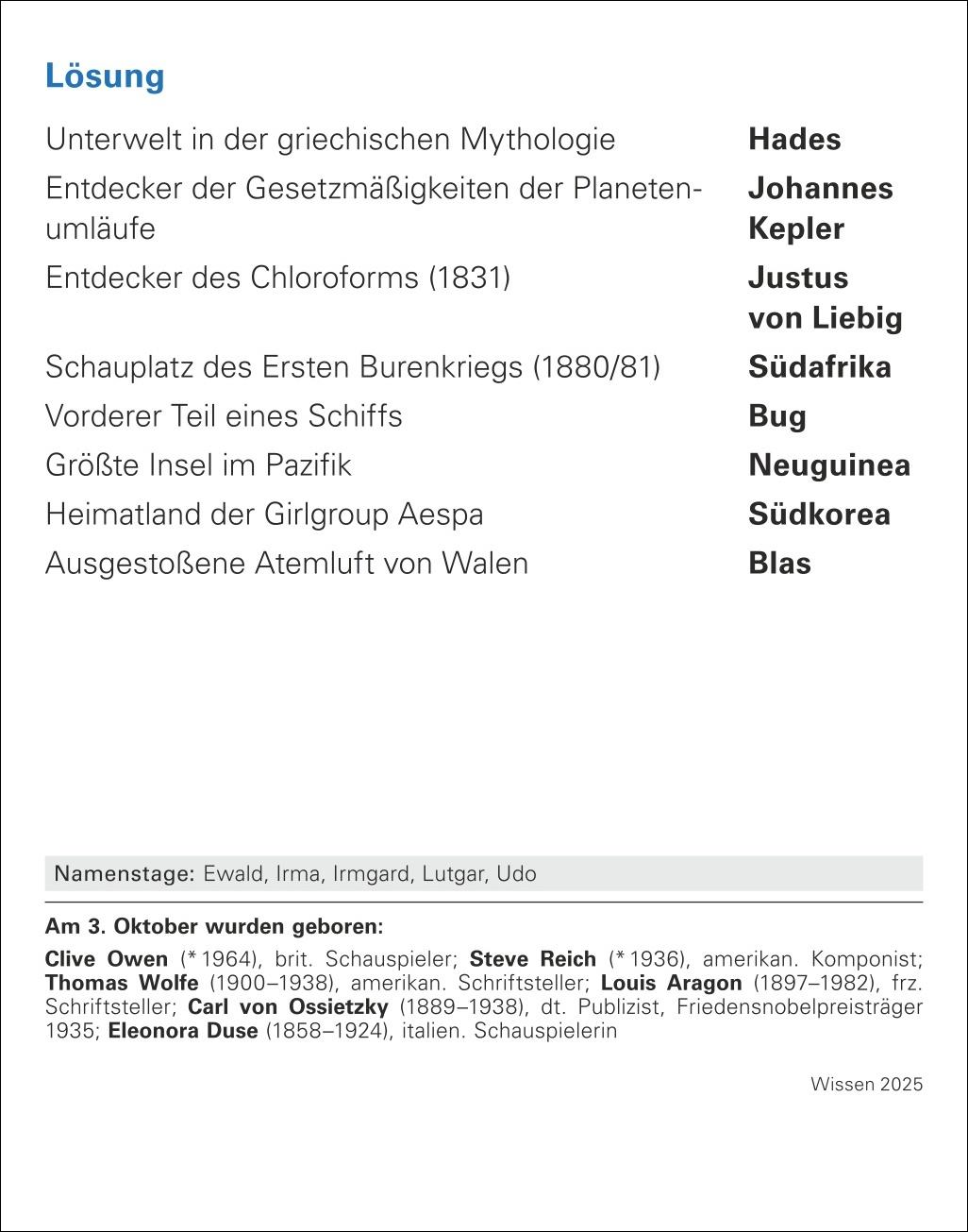 Wissen Tagesabreißkalender 2025 - Quizfragen aus Geschichte, Politik, Kultur, Technik und Sport