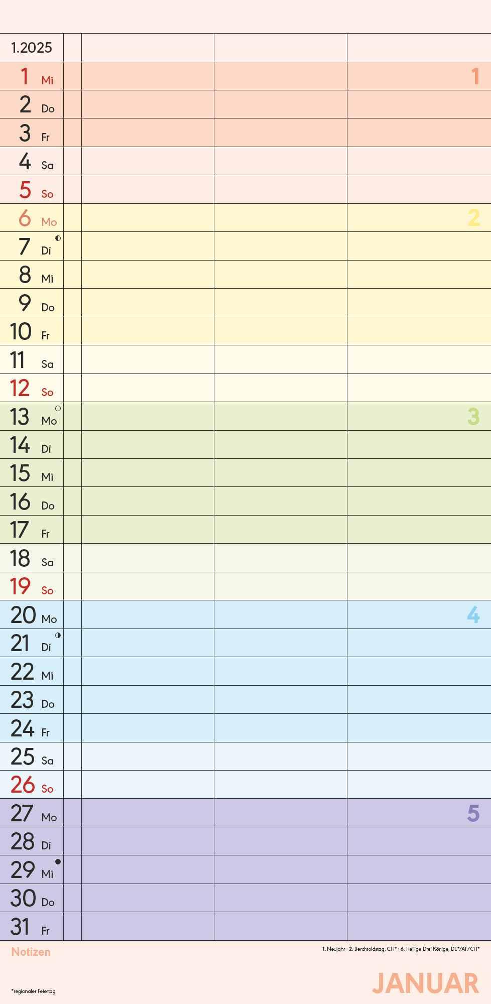 Familienplaner Farbenfroh 2025 - Familien-Timer 22x45 cm - mit Ferienterminen - 3 Spalten - Wand-Planer - mit vielen Zusatzinformationen - Alpha Edition