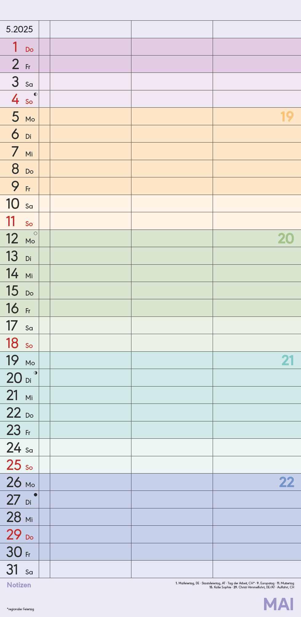 Familienplaner Farbenfroh 2025 - Familien-Timer 22x45 cm - mit Ferienterminen - 3 Spalten - Wand-Planer - mit vielen Zusatzinformationen - Alpha Edition