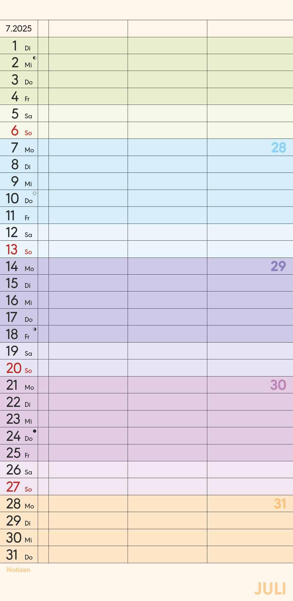 Familienplaner Farbenfroh 2025 - Familien-Timer 22x45 cm - mit Ferienterminen - 3 Spalten - Wand-Planer - mit vielen Zusatzinformationen - Alpha Edition