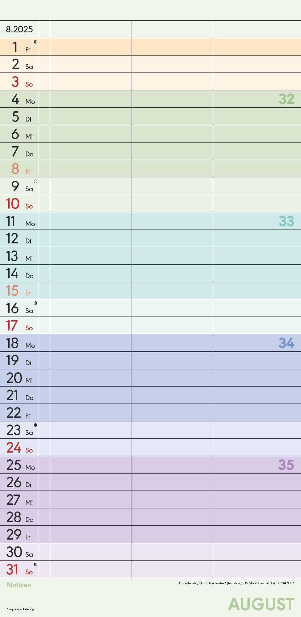 Familienplaner Farbenfroh 2025 - Familien-Timer 22x45 cm - mit Ferienterminen - 3 Spalten - Wand-Planer - mit vielen Zusatzinformationen - Alpha Edition