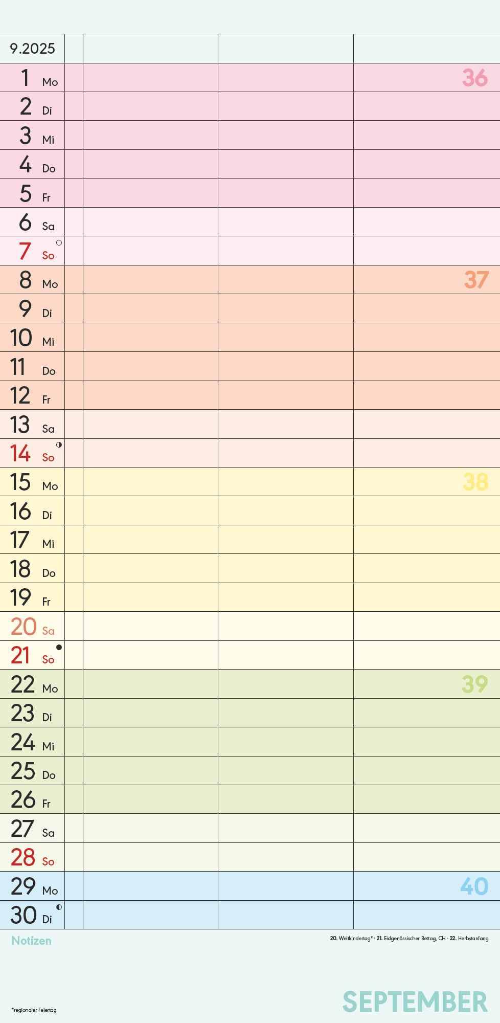 Familienplaner Farbenfroh 2025 - Familien-Timer 22x45 cm - mit Ferienterminen - 3 Spalten - Wand-Planer - mit vielen Zusatzinformationen - Alpha Edition