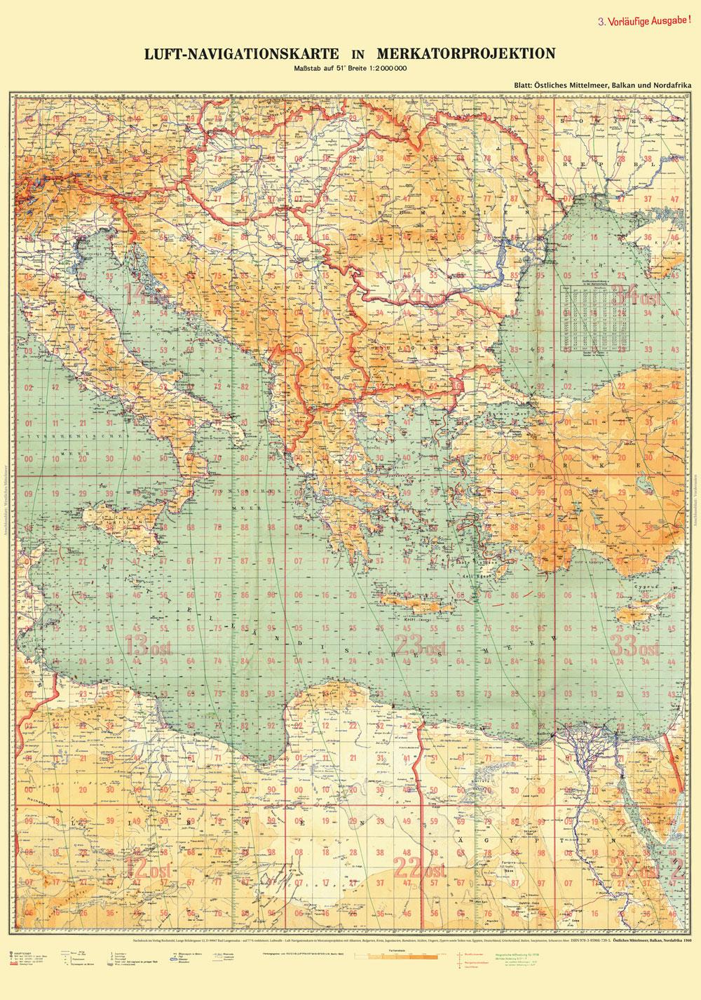 LUFTKRIEG - Luft-Navigationskarte: Östliches Mittelmeer, Balkan, Nordafrika 1940 (Plano)